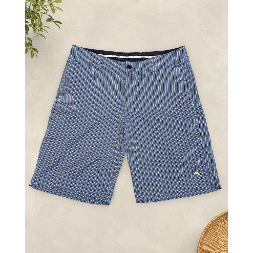 Tommy Bahama Shorts Size 35 Blue Striped Nylon Spandex Stretch Flat Front